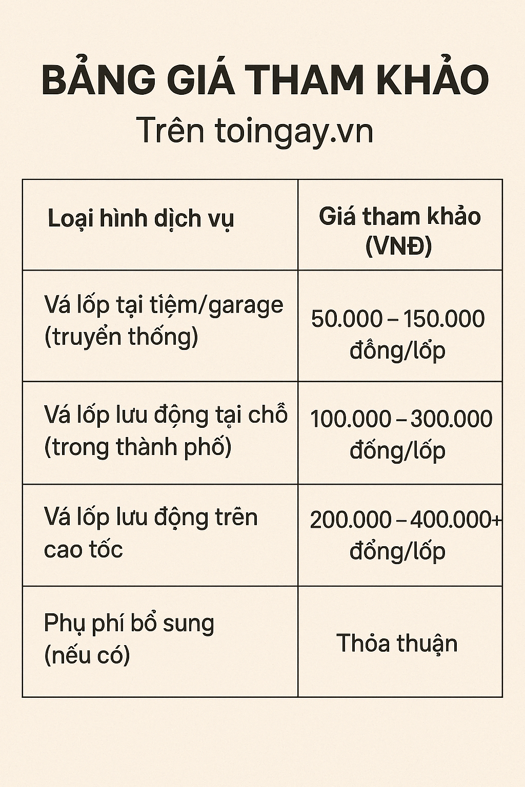 Bảng giá tham khảo vá vỏ lưu động trên nền tảng toingay.vn