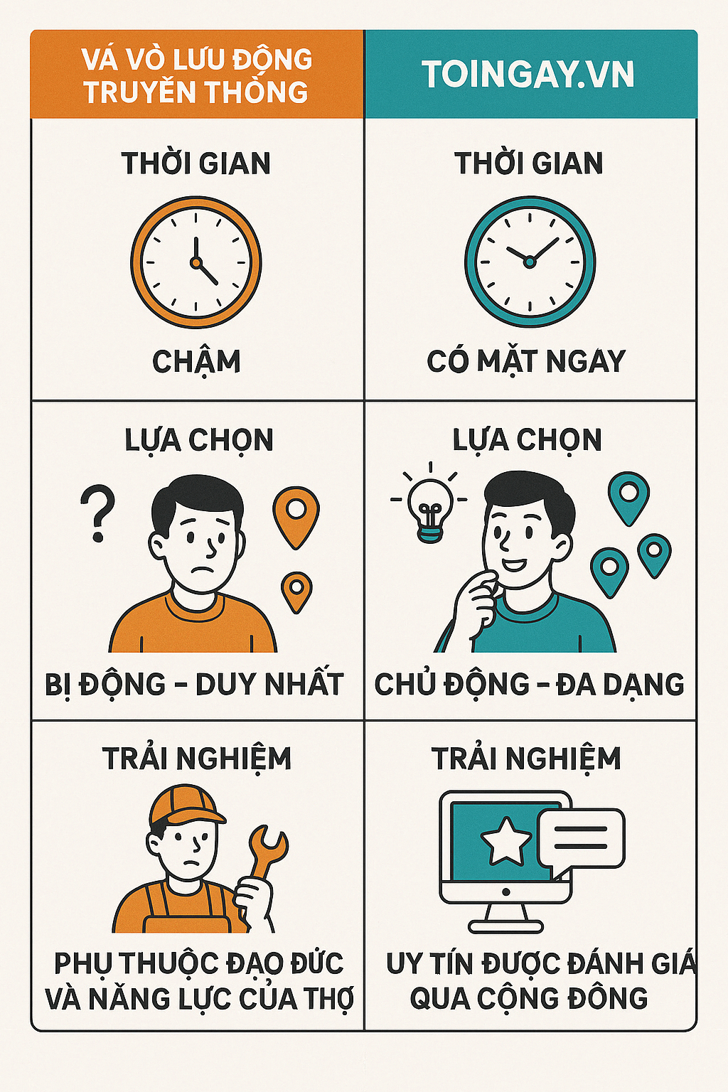 So sánh giữa vá vỏ lưu động truyền thống và toingay.vn